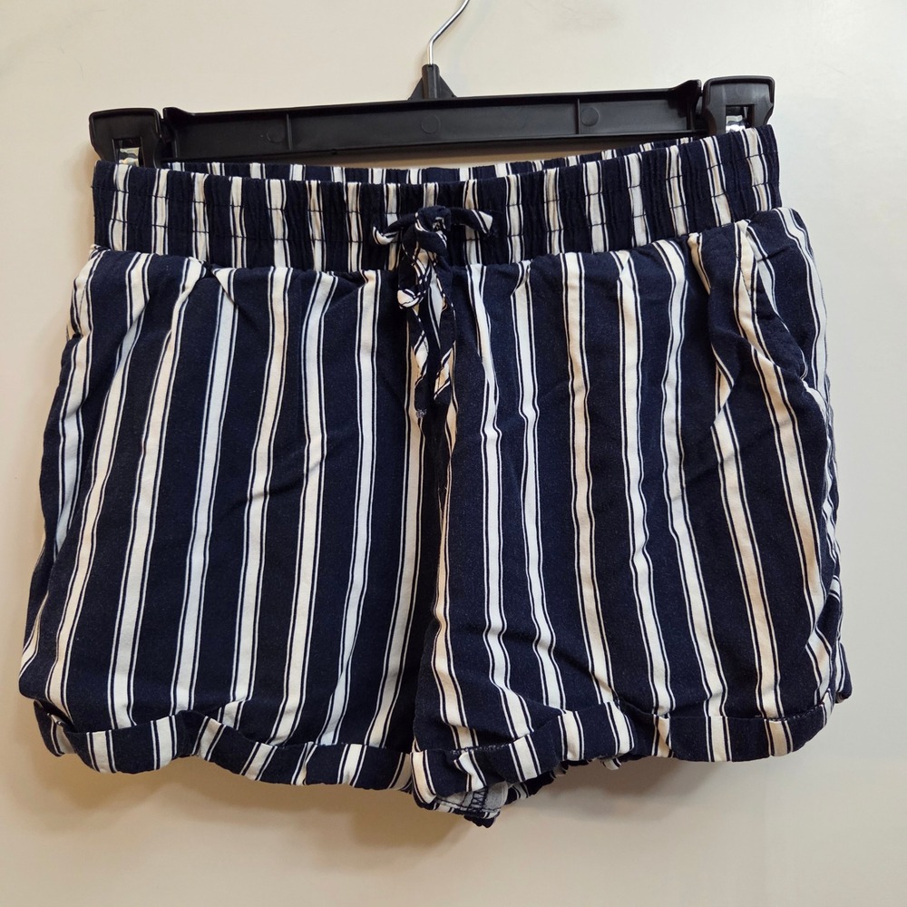 Forever 21 Girls Navy Blue White Striped Cuffed Shorts Size 11/12 Elastic Waist